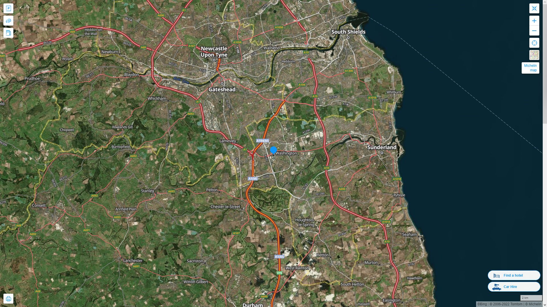Washington UK Highway and Road Map with Satellite View